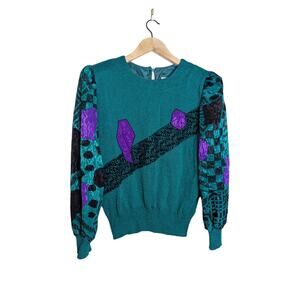 Vintage 80's Geometric Puff Sleeve Shoulder Padded Sweater